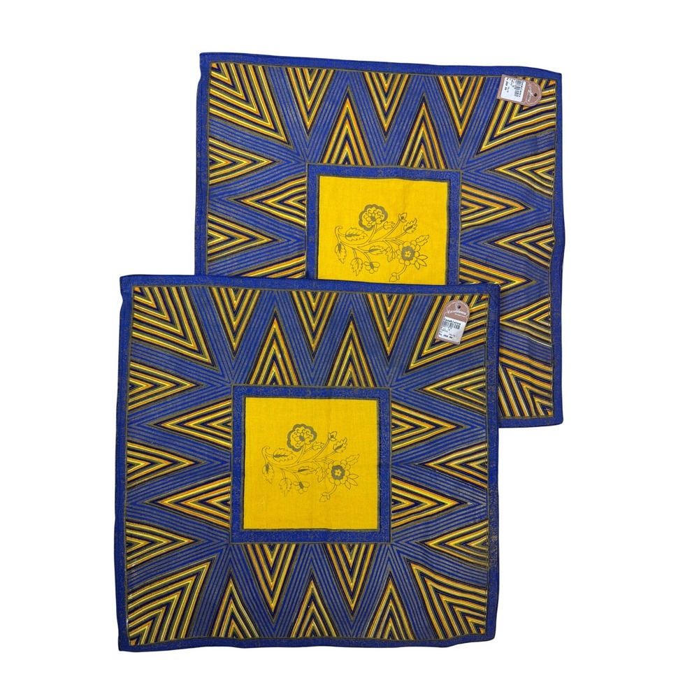 Casablanca Tarini Blue Yellow Geometric Floral Pillow‎ Covers Set of 2 16x16 NEW